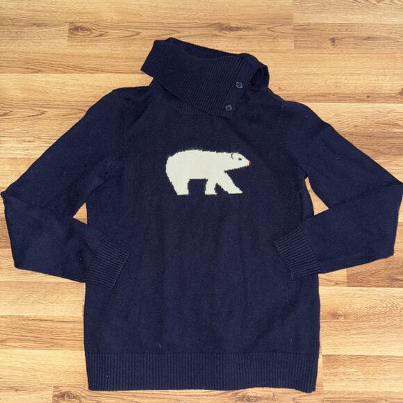 Talbots Wool Blend Women's Sweater Sz Medium Navy Polar Bear Cowl Neck Pullover - Picture 1 of 8